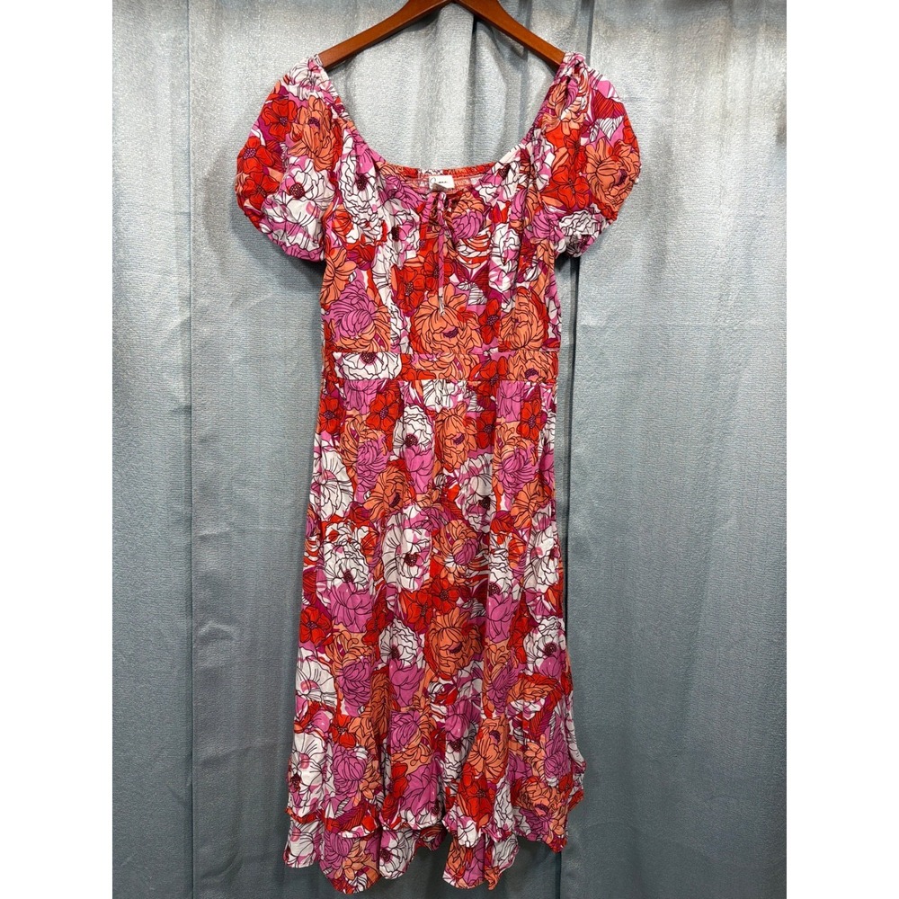 Japna Womens XL Floral Puff Sleeve Smocked Back Tiered Ruffle Midi Dress Pink